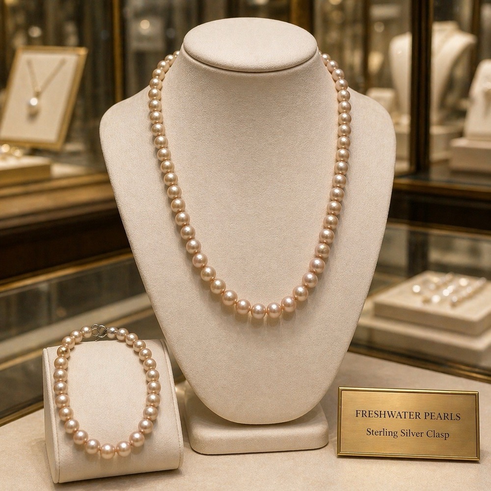 Vintage Freshwater Pearls Blush Champagne 925 Silver Clasp Necklace Bracelet Set